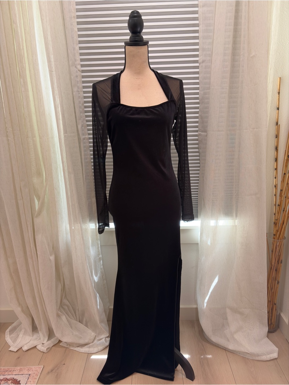 Black Maxi Velvet Dress with Sheer Long Sleeves
